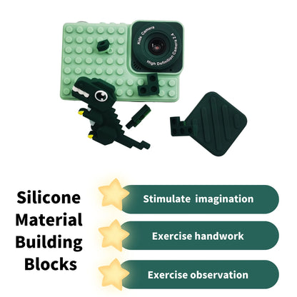 Kid Camera Dinosaur for Boy 3 8 Years Digital Camera for Children with Building Block Dual Lens 2.4 Inch HD Screen 64GB Green*1