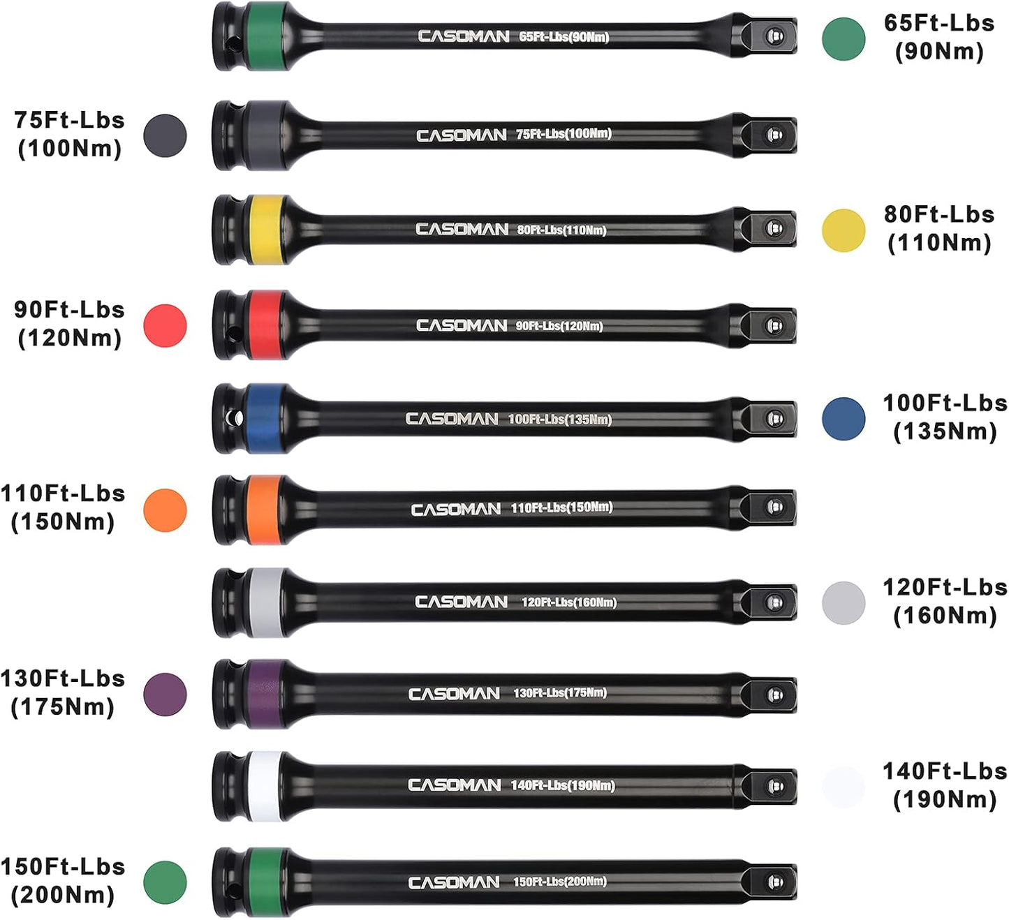 10 Piece 1/2" Drive 8 Inch Length Color-Coded Torque Extension Bar Set, 65 to 150 Ft-Lbs (90 to 200 Nm), Torque Extension Tool Set
