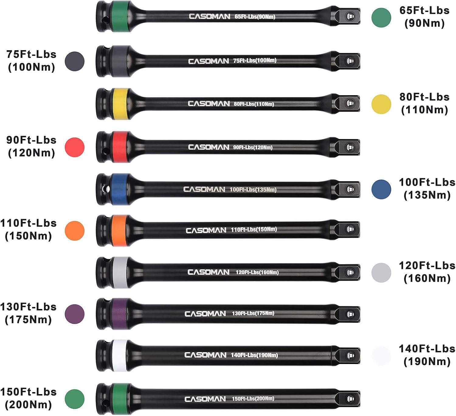10 Piece 1/2" Drive 8 Inch Length Color-Coded Torque Extension Bar Set, 65 to 150 Ft-Lbs (90 to 200 Nm), Torque Extension Tool Set