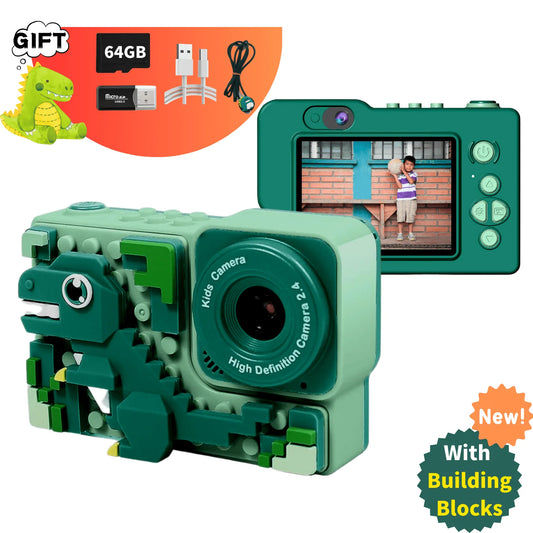 Kid Camera Dinosaur for Boy 3 8 Years Digital Camera for Children with Building Block Dual Lens 2.4 Inch HD Screen 64GB Green*1