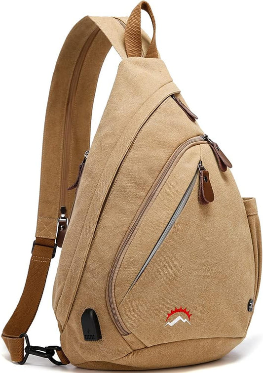 Sling Bag, Crossbody Backpack Canvas Waterproof Daypack Casual Shoulder Bag… (Khaki)…