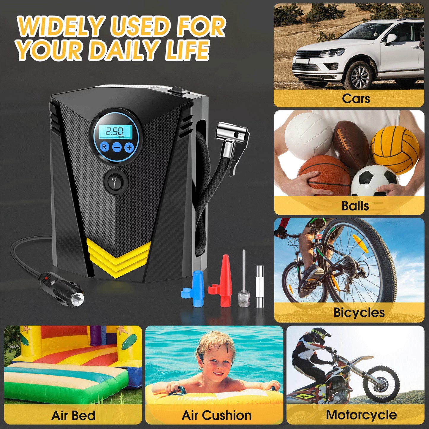 Tire Inflator, Portable Air Compressor for Car, Auto Air Pump with LED Light Gauge 12V DC, 150PSI Tire Pump Electric Air Pump Tire Inflator for Car, Bicycle, Motorcycle,Balls,Balloons, Black