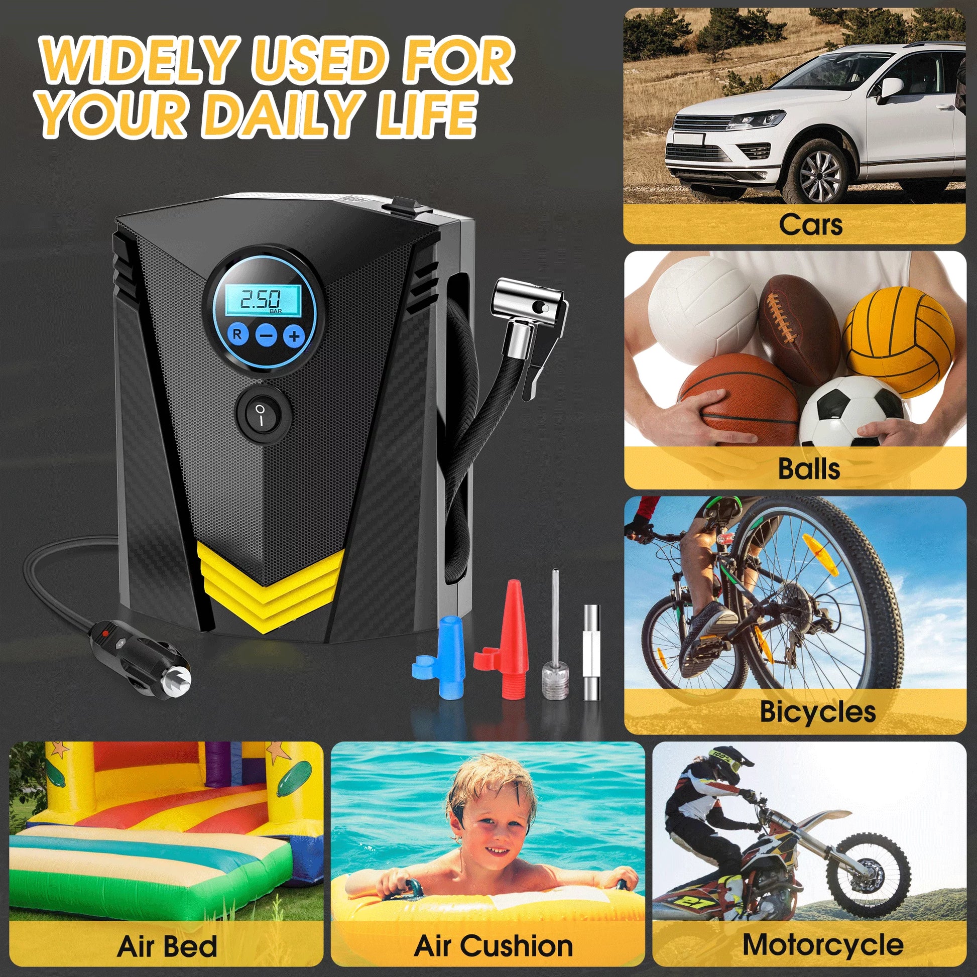 Tire Inflator, Portable Air Compressor for Car, Auto Air Pump with LED Light Gauge 12V DC, 150PSI Tire Pump Electric Air Pump Tire Inflator for Car, Bicycle, Motorcycle,Balls,Balloons, Black