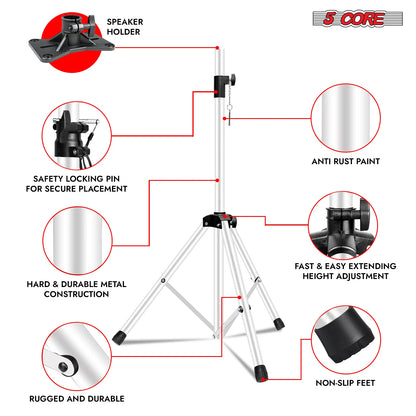 5Core Speaker Stand Tripod Tall Adjustable 72 Inch DJ Studio Monitor Stands Pole Mount WHITE