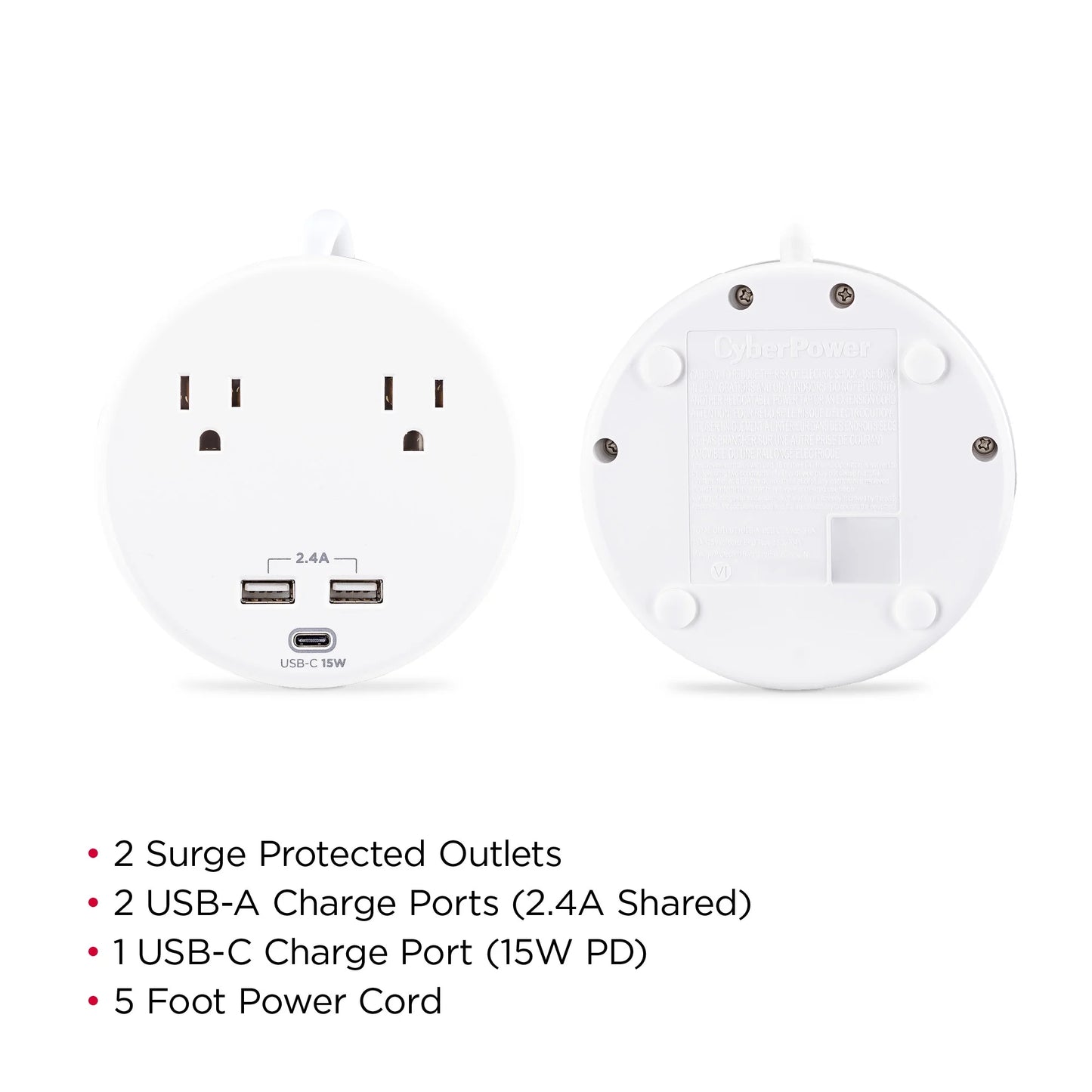 P205UC - 500 Joule White Surge Protector with 2 Outlets, 3 USB Ports and 5 Ft Cord