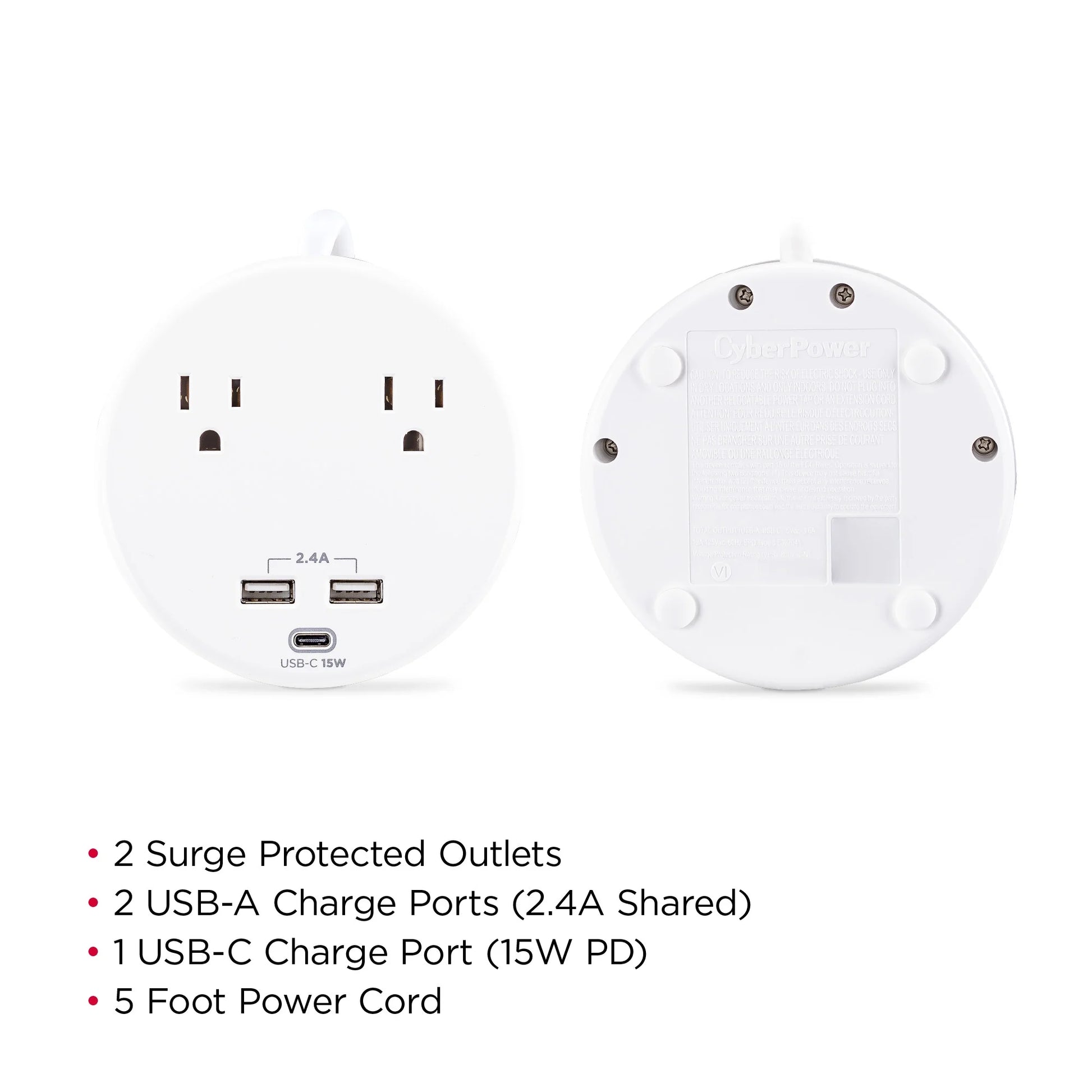 P205UC - 500 Joule White Surge Protector with 2 Outlets, 3 USB Ports and 5 Ft Cord
