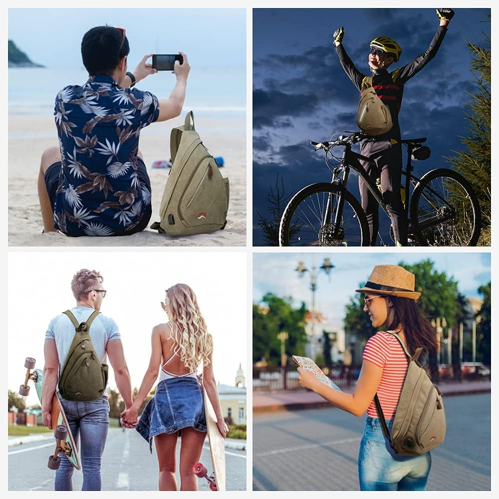 Sling Bag, Crossbody Backpack Canvas Waterproof Daypack Casual Shoulder Bag… (Khaki)…