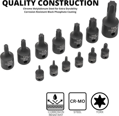 10281B Impact Torx Bit Socket Set, 1/4", 3/8", and 1/2" Drive, 6 Point Star Sockets, Heavy Duty Impact Grade Cr-Mo, T10 to T60 High Impact, Professional Grade Auto & Motorcycle Mechanic Socket