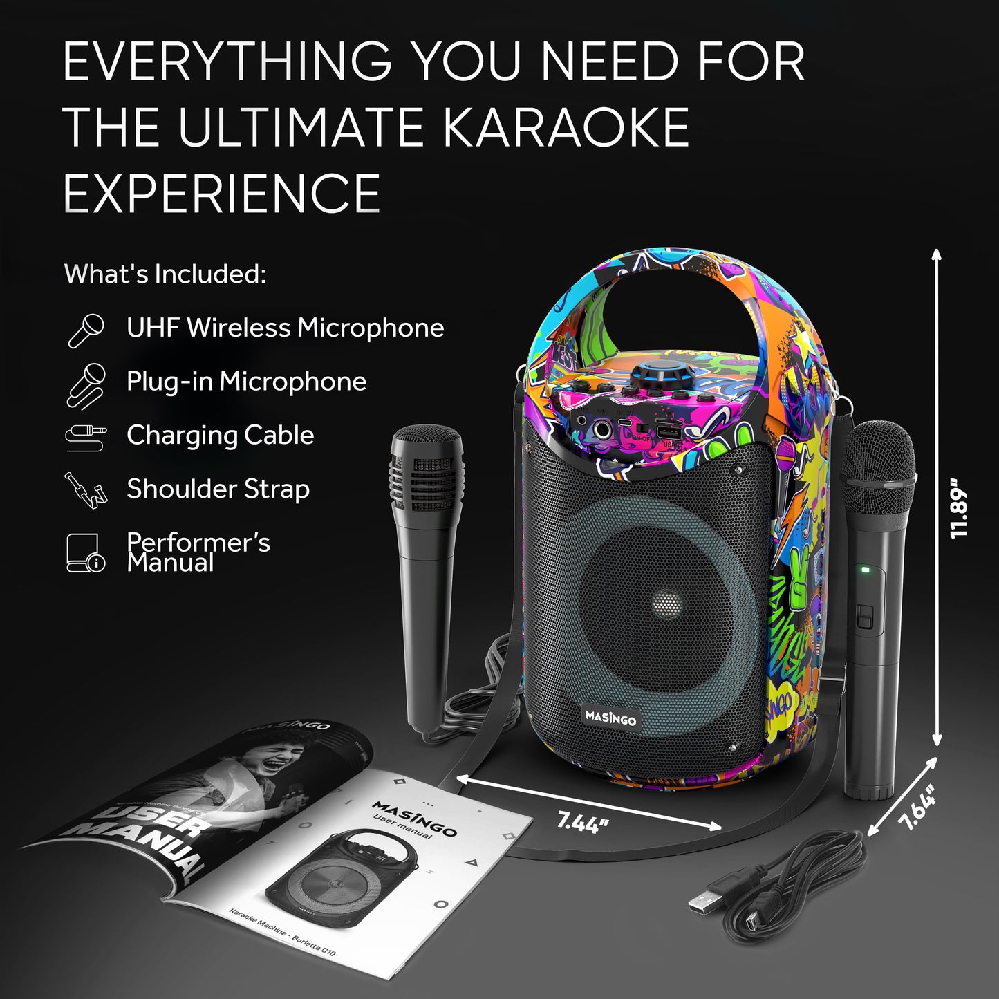 Karaoke Machine for Kids and Adults with 1 Wireless Karaoke Microphone and 1 Wired Mic, PA Portable Speaker System with LED Lights, Supports TF Card/Usb, AUX/MIC In, TWS for Home Party, Burletta C10