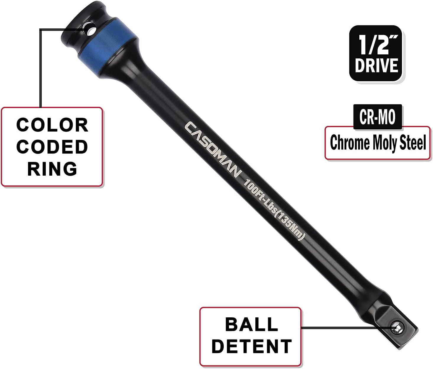 10 Piece 1/2" Drive 8 Inch Length Color-Coded Torque Extension Bar Set, 65 to 150 Ft-Lbs (90 to 200 Nm), Torque Extension Tool Set