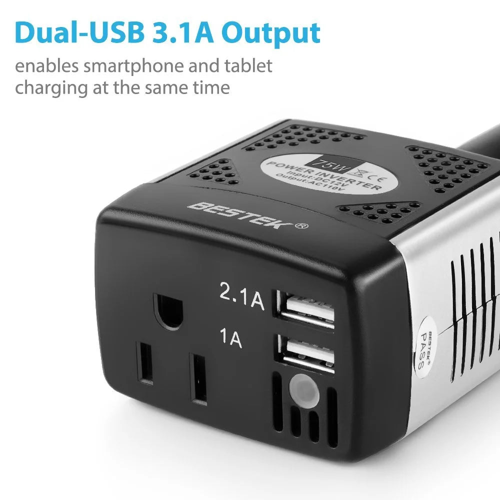 75W Portable Car Power Inverter DC 12V to 110V AC Power Inverter with 3.1A 2 USB Ports