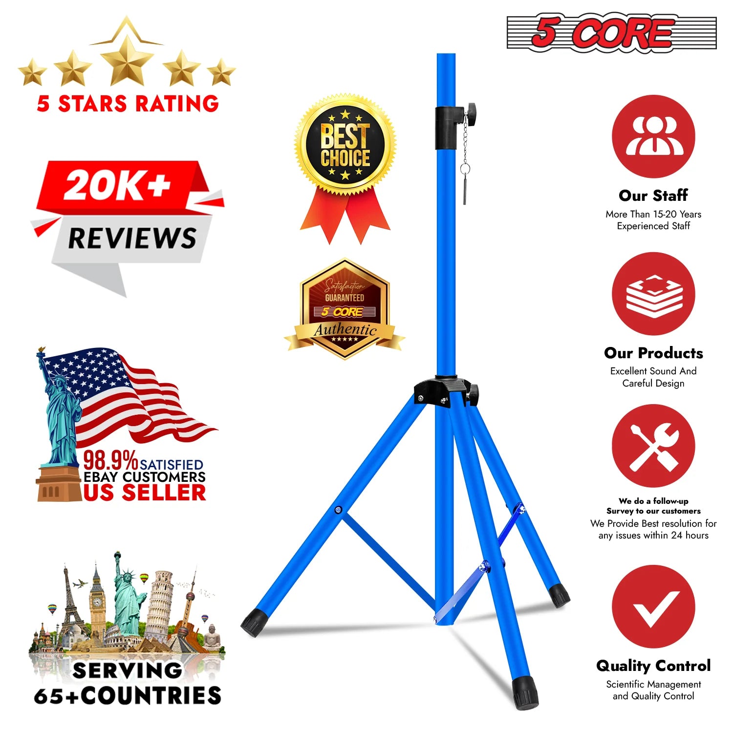 5Core Speaker Stand Tripod Tall Adjustable 72 Inch DJ Pole Mount Studio Monitor Stands SKY BLUE 1 PK