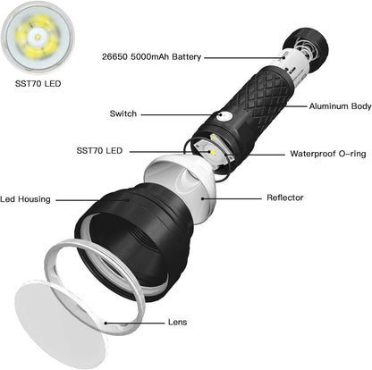 Catapult V6 SST70 USB-C Rechargeable Flashlight, 2836 Lumens, 692M Long Beam Distance, High-Performance LED Searchlight for Tactical, Camping, and Hiking, Black, Cool White - CW