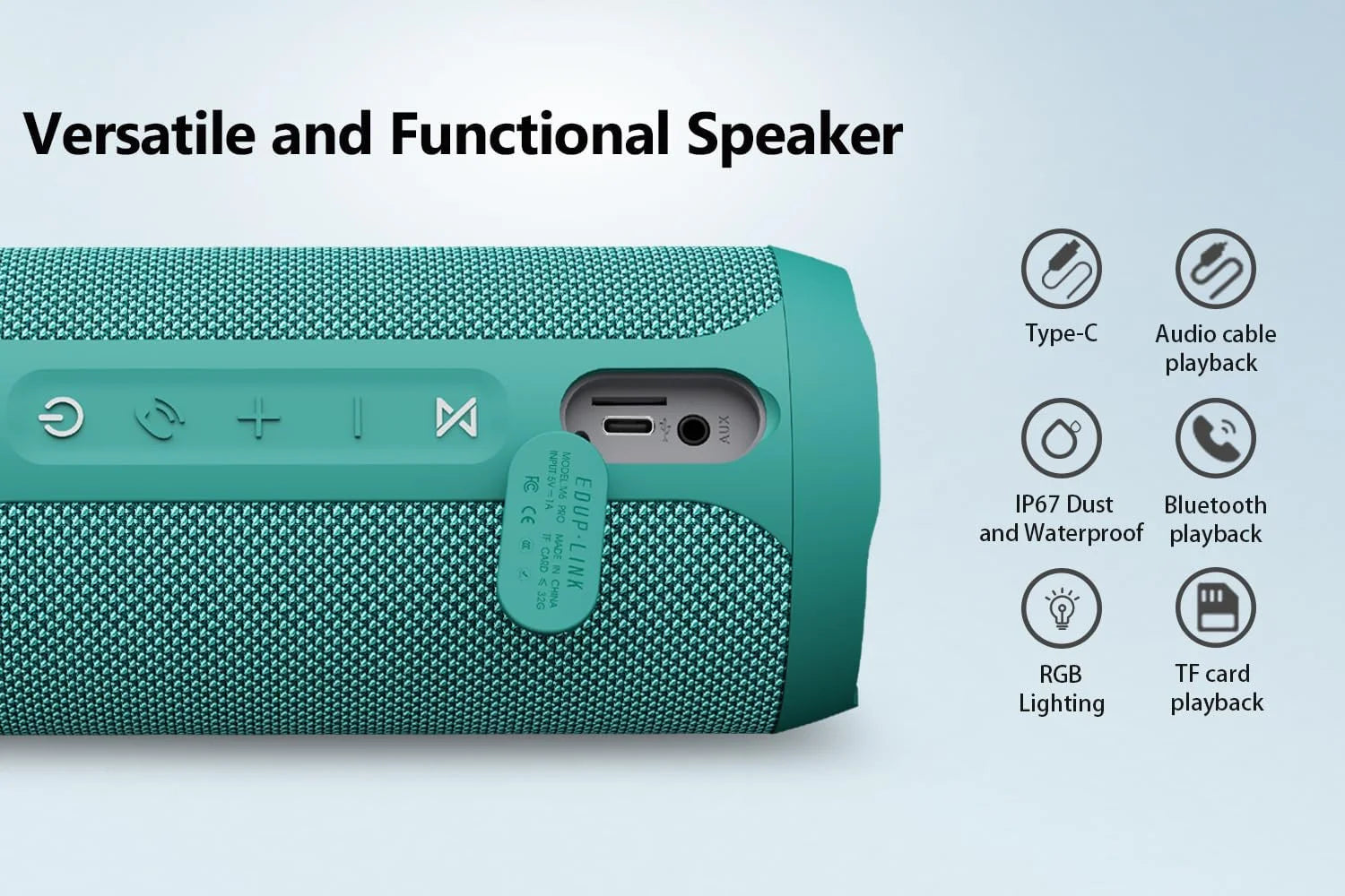 Bluetooth Portable Speaker, Waterproof, Wireless, 20W, 20H Playtime, Teal, New