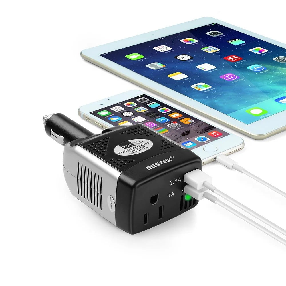 75W Portable Car Power Inverter DC 12V to 110V AC Power Inverter with 3.1A 2 USB Ports