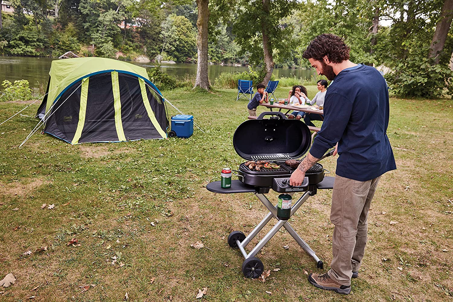 Roadtrip 285 Portable Stand-Up Propane Grill with 3 Adjustable Burners & Instastart Ignition, 20,000 Btus of Power for Outdoor Cooking