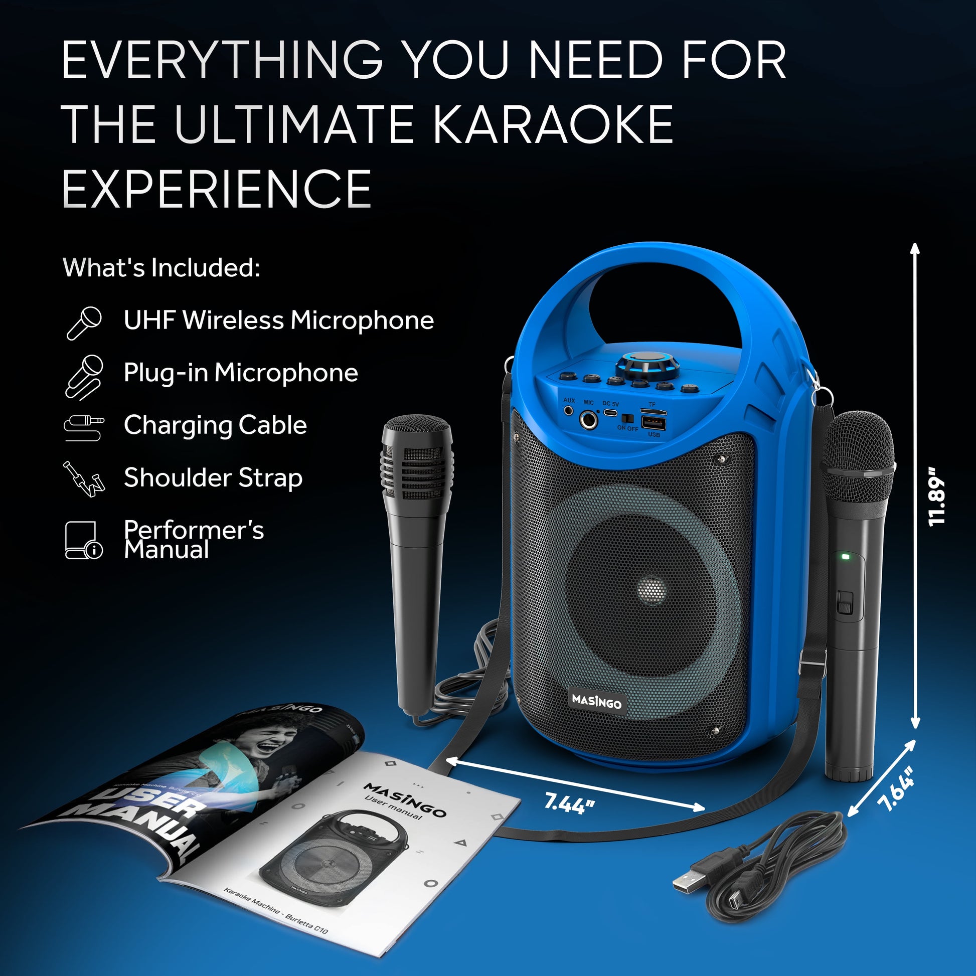 Karaoke Machine for Kids and Adults with 1 Wireless Karaoke Microphone and 1 Wired Mic, PA Portable Speaker System with LED Lights, Supports TF Card/Usb, AUX/MIC In, TWS for Home Party, Burletta C10