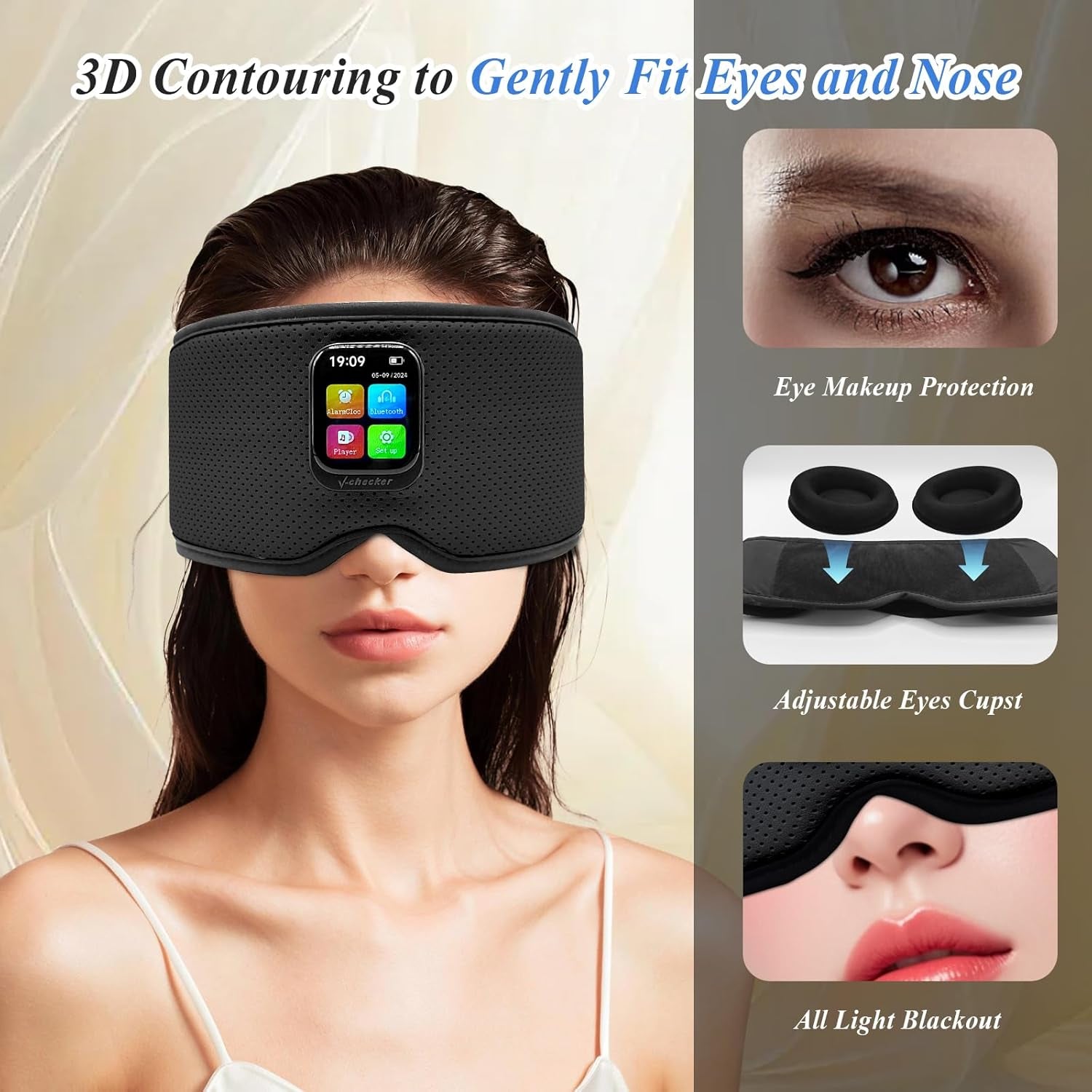 Sleep Mask with Bluetooth Headphones, 3D Contoured Sleep Eye Mask with Adjustable Eye Cups & Headband, Controllable Display, Blackout, Soft Comfortable, Travel Sleep Mask for Women Men Black