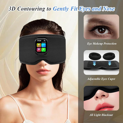 Sleep Mask with Bluetooth Headphones, 3D Contoured Sleep Eye Mask with Adjustable Eye Cups & Headband, Controllable Display, Blackout, Soft Comfortable, Travel Sleep Mask for Women Men Black