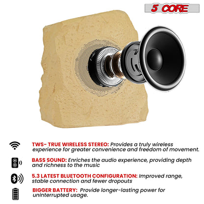 5Core Outdoor Wireless Speakers Bluetooth Rock Waterproof Linkable TWS Garden Speaker BROWN 1 PC