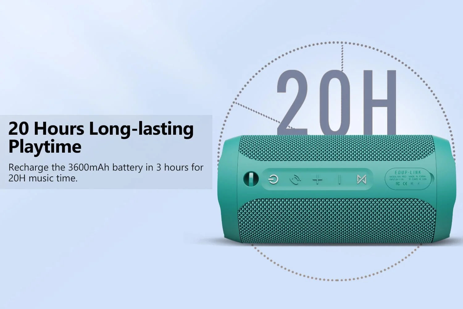 Bluetooth Portable Speaker, Waterproof, Wireless, 20W, 20H Playtime, Teal, New
