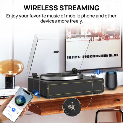 Record Player Support Bluetooth Belt-Drive Turntable Built-In Speakers, Black