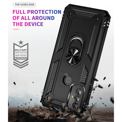 for Motorola Moto G Play 2023 Phone Case, with Tempered Glass Screen Protector, Impact Resistant Metal Ring Magnetic Support Kickstand Drop Protector Cover for Moto G Play 2023 (Black)