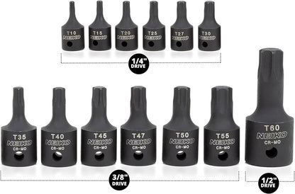 10281B Impact Torx Bit Socket Set, 1/4", 3/8", and 1/2" Drive, 6 Point Star Sockets, Heavy Duty Impact Grade Cr-Mo, T10 to T60 High Impact, Professional Grade Auto & Motorcycle Mechanic Socket