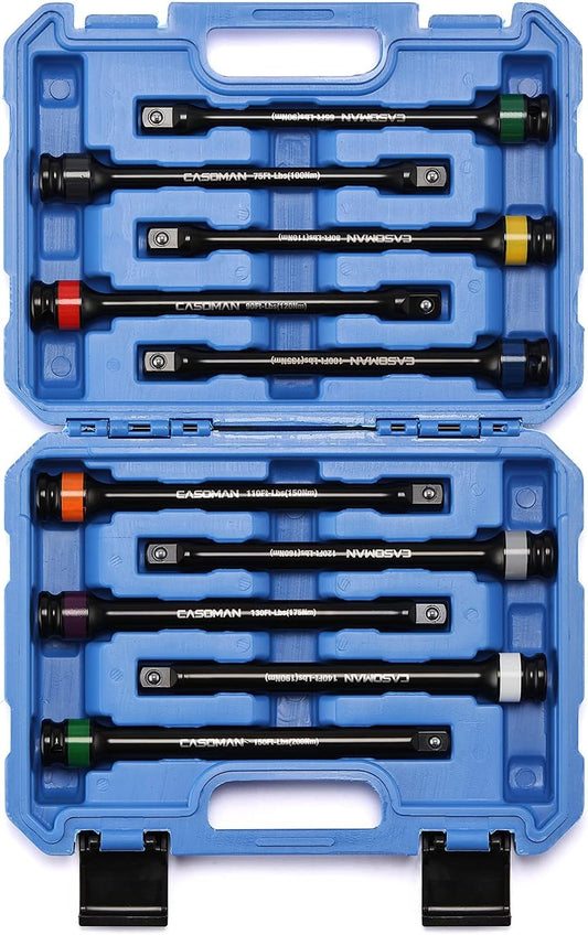 10 Piece 1/2" Drive 8 Inch Length Color-Coded Torque Extension Bar Set, 65 to 150 Ft-Lbs (90 to 200 Nm), Torque Extension Tool Set