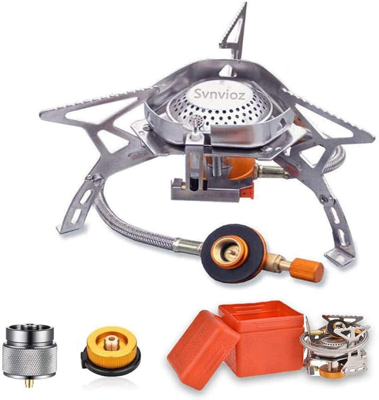 Camping Stove Windproof Backpacking Stove with Piezo Ignition, Plastic Storage Box, 2 Types Fuel Canister Adapters, Camping Gear Portable Stove for Outdoor Camping Hiking Cooking