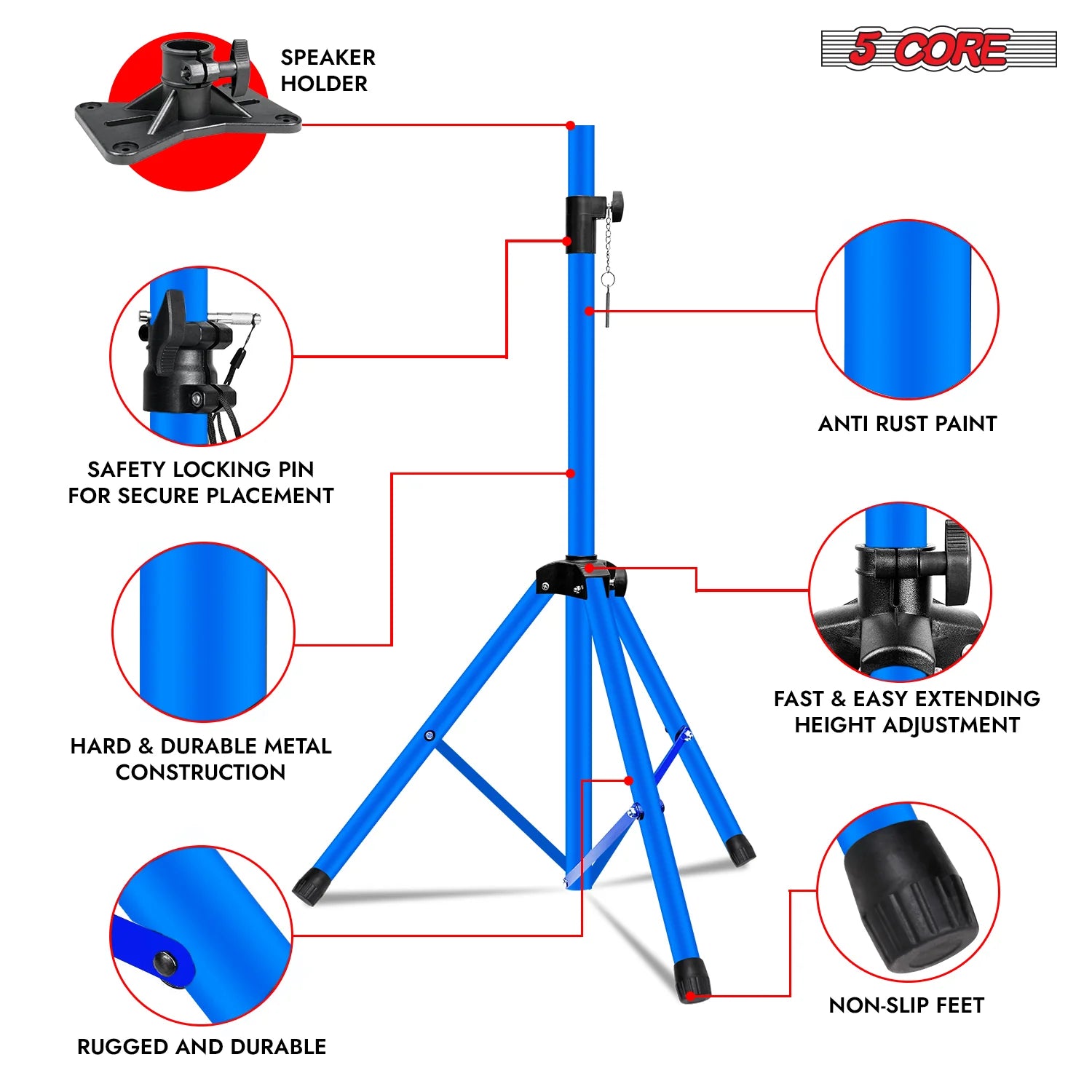 5Core Speaker Stand Tripod Tall Adjustable 72 Inch DJ Pole Mount Studio Monitor Stands SKY BLUE 1 PK