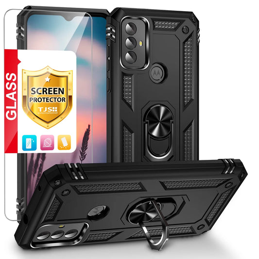 for Motorola Moto G Play 2023 Phone Case, with Tempered Glass Screen Protector, Impact Resistant Metal Ring Magnetic Support Kickstand Drop Protector Cover for Moto G Play 2023 (Black)
