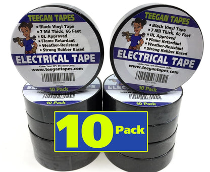 Black Electrical Tape | Heat Resistant Tape (10 Pack) | Vinyl Electrical Tape Flame Retardant | PVC | 7 Mil Wire Tape | 3/4 Inch Wide X 66 Foot Long Roll