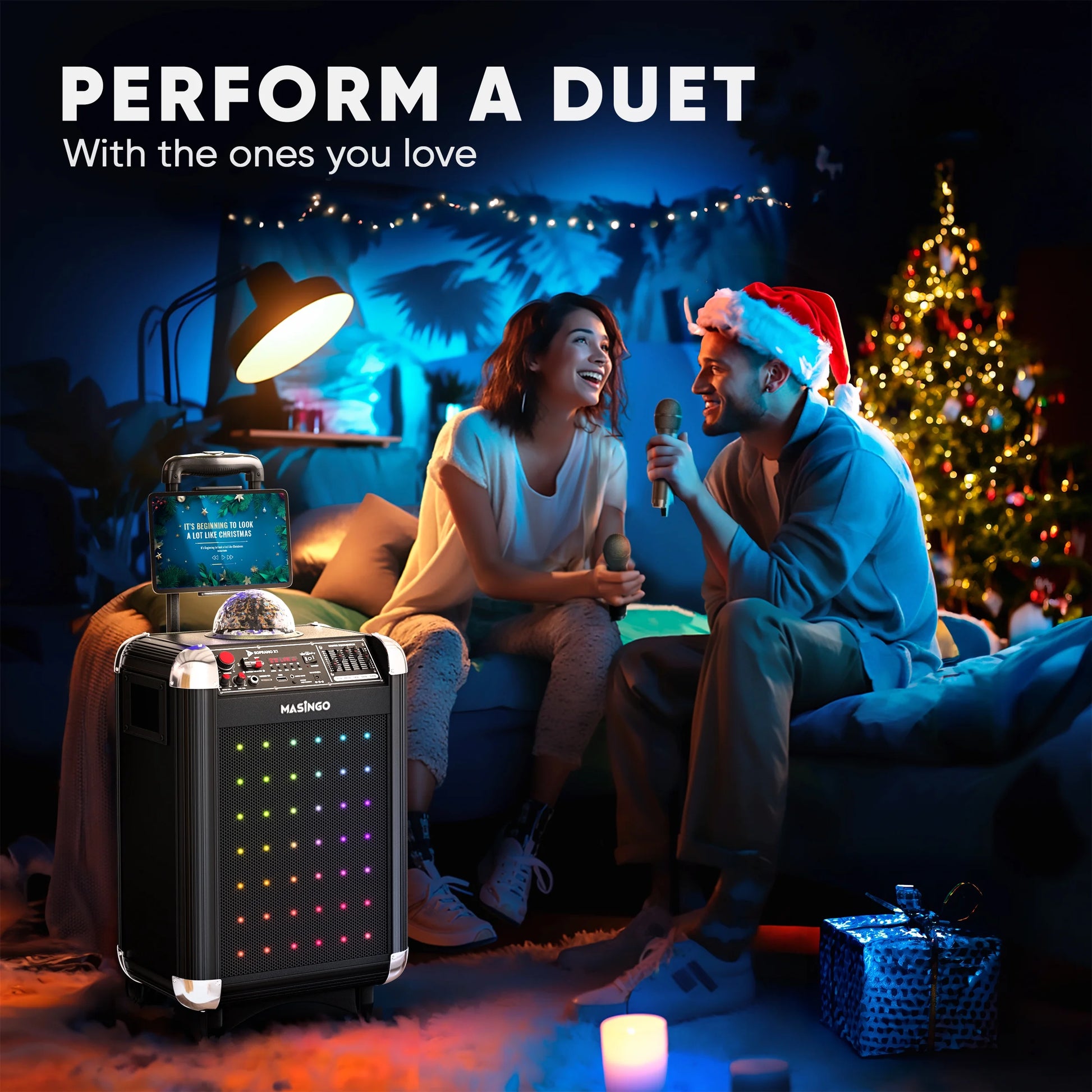 Karaoke Machine for Adults and Kids with 2 Bluetooth Wireless Microphones. Portable Singing PA Speaker System with Disco Ball Party Lights, Lyrics Display Tablet Holder & TV Cable. Soprano X1