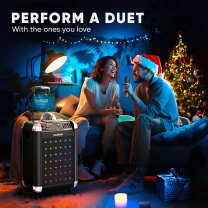 Karaoke Machine for Adults and Kids with 2 Bluetooth Wireless Microphones. Portable Singing PA Speaker System with Disco Ball Party Lights, Lyrics Display Tablet Holder & TV Cable. Soprano X1