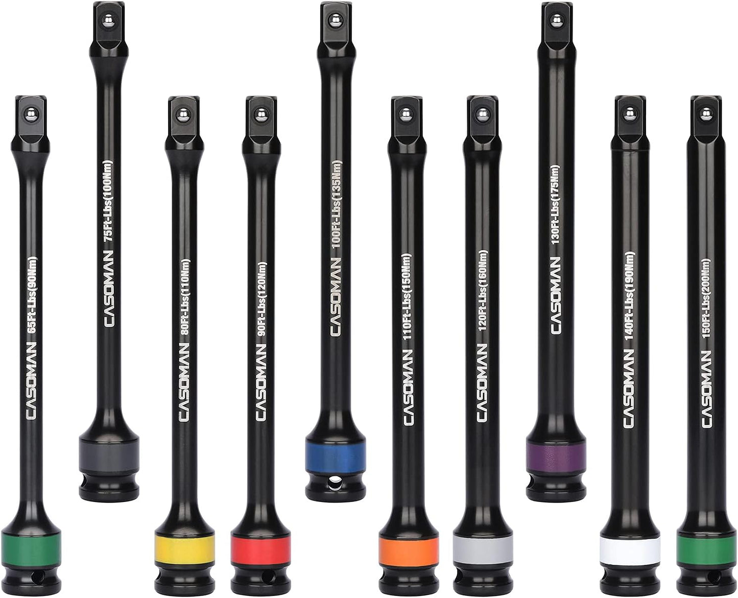 10 Piece 1/2" Drive 8 Inch Length Color-Coded Torque Extension Bar Set, 65 to 150 Ft-Lbs (90 to 200 Nm), Torque Extension Tool Set