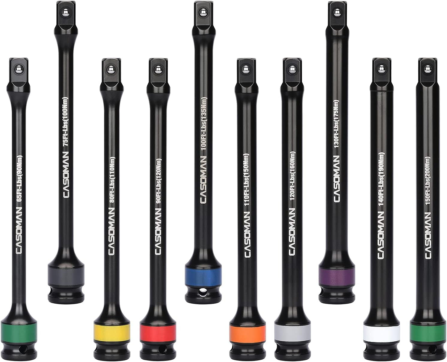 10 Piece 1/2" Drive 8 Inch Length Color-Coded Torque Extension Bar Set, 65 to 150 Ft-Lbs (90 to 200 Nm), Torque Extension Tool Set