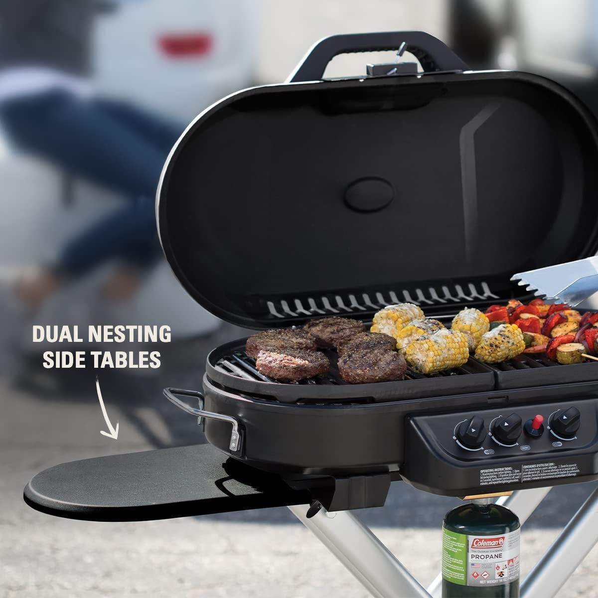 Roadtrip 285 Portable Stand-Up Propane Grill with 3 Adjustable Burners & Instastart Ignition, 20,000 Btus of Power for Outdoor Cooking